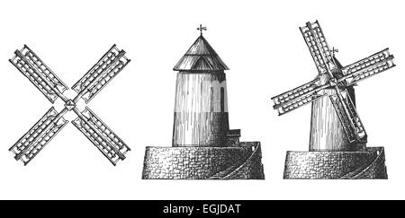 Artikel voller Windmühlen auf weißem Hintergrund. Skizze Stockfoto