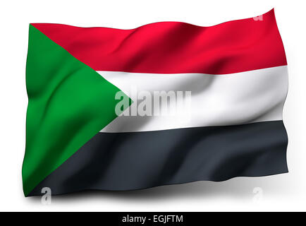 Wehende Flagge von Sudan isoliert auf weißem Hintergrund Stockfoto