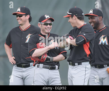 Jupiter, Florida, USA. 24. Februar 2014. Ichiro Suzuki, Christian Yelich, Marcell Ozuna (Marlins) MLB: Miami Marlins Frühling Trainingslager in Jupiter, Florida, Vereinigte Staaten von Amerika. © AFLO/Alamy Live-Nachrichten Stockfoto