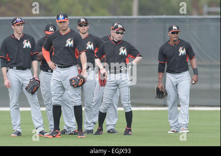 Jupiter, Florida, USA. 24. Februar 2014. Christian Yelich, Giancarlo Stanton, Ichiro Suzuki (Marlins) MLB: Miami Marlins Frühling Trainingslager in Jupiter, Florida, Vereinigte Staaten von Amerika. © AFLO/Alamy Live-Nachrichten Stockfoto