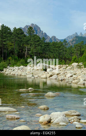 Fluss Solenzara, Corse-du-Sud, mit Bavella-massiv, Korsika, Frankreich Stockfoto