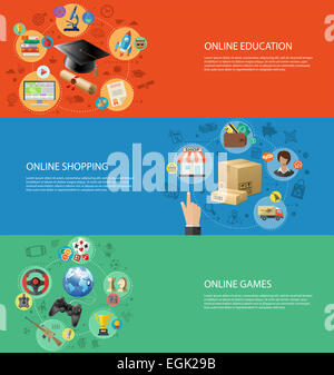 Konzepte für Online-Internet-Technologie - Bildung, Einkaufen und Spiele mit 3D und flache Symbole. Eignet sich für Web-Banner und Stockfoto