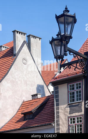 Blick über die Dächer der alten Scheune mit Straßenlaternen Stockfoto