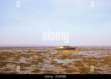 Boot am Wattenmeer. Kirkland Narbe, Port Carlisle, Solway Küste, Cumbria, England, UK Stockfoto