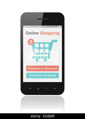 Smartphone mit Online-shopping-Konzept auf weißem Hintergrund Stockfoto