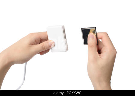 USB-3.0-Speicherkartenleser und CF-Speicher, isoliert auf weiss Stockfoto