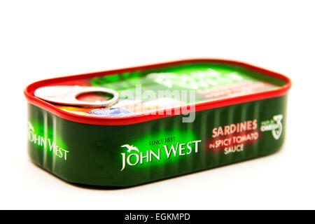 John West Sardinen Zinn in würziger Tomaten-Sauce Sardine Pack Produkt Logo Ausschnitt ausschneiden textfreiraum weißen Hintergrund isoliert Stockfoto