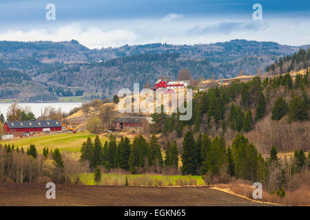 Norwegische Landschaft mit roten Holzhäusern auf Hügeln Stockfoto
