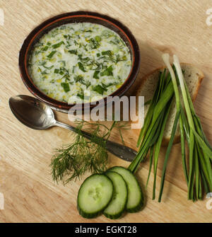 Traditionelle bulgarische Küche - Tarator - Gurken, Dill, Joghurt und Knoblauch Suppe Stockfoto