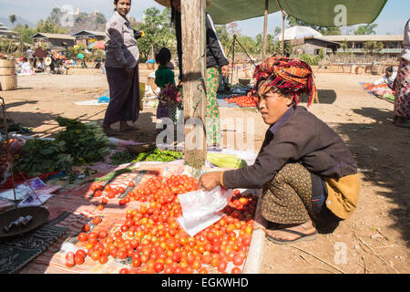 Tomaten für den Verkauf am lokalen Markt im Dorf Inthein am Ufer des Inle-See, Burma, Myanmar Stockfoto