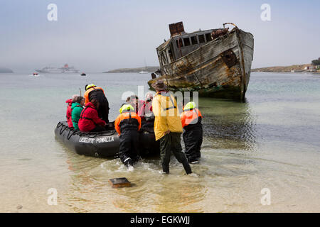 Südatlantik, Falkland, New Island, Siedlung, Strand, Kreuzfahrtpassagiere im Schlauchboot Stockfoto