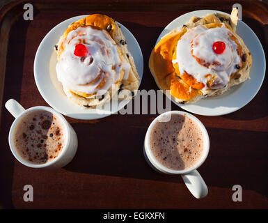 Zwei Belgien Brötchen und Tassen heiße Schokolade auf einem Tablett Stockfoto