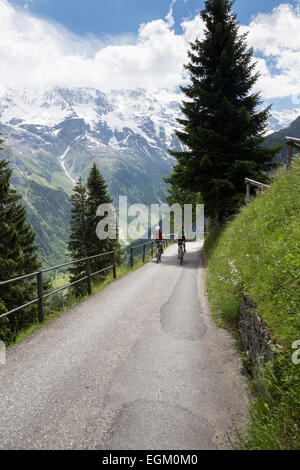 Malerische Ansichten am Wegesrand Wandern und Radfahren verbinden Grutschalp und Gimmelwald, Schweiz im Berner Oberland-Bereich. Stockfoto