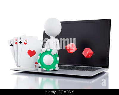 3D-Bild. Weiße Leute mit Würfel, Chips und Karten. Casino-Online-Spiele-Konzept. Isolierten weißen Hintergrund Stockfoto