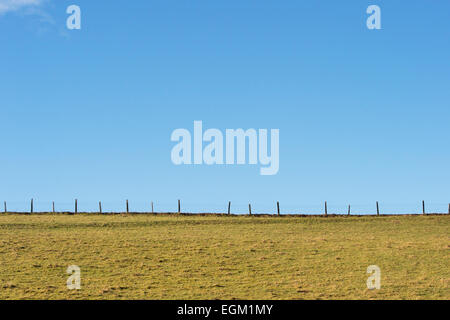 Zaun in einem Feld mit blauem Himmel Stockfoto