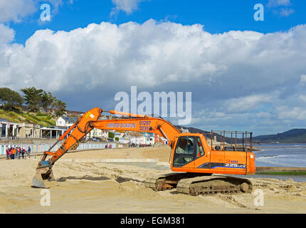 Nivellierung des Strands bei Lyme Regis mit einem JCB Bagger, Dorset, England UK Stockfoto