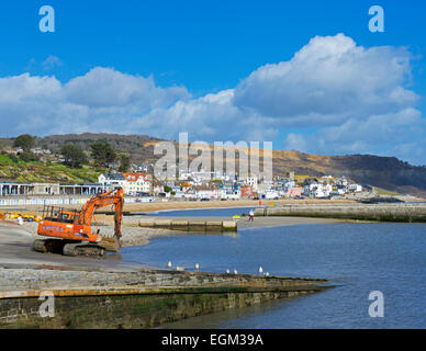 Nivellierung des Strands bei Lyme Regis mit einem JCB Bagger, Dorset, England UK Stockfoto