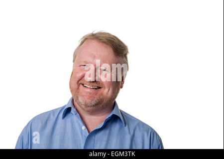 Porträt des bärtigen übergewichtigen Mann mittleren Alters lachen, isoliert auf weiss Stockfoto
