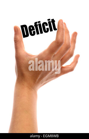 Vertikale Schuss eine Hand hält das Wort "Defizit" zwischen zwei Fingern, isolated on White. Stockfoto