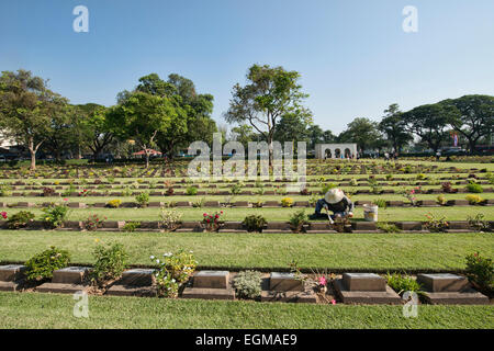 Grabsteine auf dem Kanchanaburi Krieg Friedhof erinnern Commonwealth Kriegsgefangene, Kanchanaburi, Thailand Stockfoto