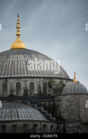 Blaue Moschee Kuppeln Istanbul Türkei // ISTANBUL, Türkei – Kuppeln der Blauen Moschee von Istanbul vor einem bewölkten Himmel. Obwohl die Moschee wegen ihrer Innenverkleidung weithin als Blaue Moschee bekannt ist, lautet der formale Name der Moschee Sultan Ahmed Moschee (oder Sultan Ahmet Camii auf Türkisch). Sie wurde von 1609 bis 1616 unter Sultan Ahmed I. erbaut Stockfoto