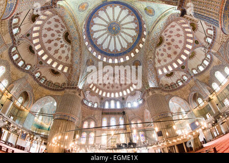 ISTANBUL, Türkei / Türkiye – die kunstvollen Verzierungen der Wände und Decken im Gebetssaal der Blauen Moschee von Istanbul. Obwohl die Moschee wegen ihrer Innenverkleidung weithin als Blaue Moschee bekannt ist, lautet der formale Name der Moschee Sultan Ahmed Moschee (oder Sultan Ahmet Camii auf Türkisch). Sie wurde von 1609 bis 1616 unter Sultan Ahmed I. erbaut Stockfoto