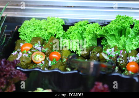 Traube gefüllte Weinblätter mit Tomaten in Salat-Bar Stockfoto