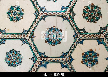 ISTANBUL, Türkei / Türkiye – exquisite Iznik-Fliesen zieren die Wände der Harem-Moschee (Harem Mescidi) im Topkapi-Palast, Istanbul. Diese Keramikmeisterwerke aus dem 17. Jahrhundert mit komplizierten Blumenmotiven und Kalligrafie in leuchtenden Blau-, Grün- und Rottönen verkörpern den Höhepunkt der osmanischen dekorativen Kunst in diesem privaten Gebetsraum für die prominentesten Frauen des kaiserlichen Harems. Stockfoto