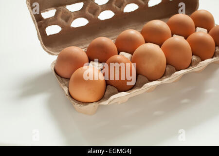 Frische Freilandeier in Recycling-Papier-Karton. Stockfoto