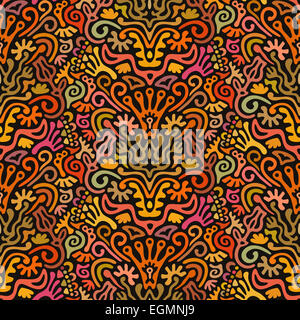 Lustige bunte Musterdesign mit abstrakten Blumen, Blätter, Herzen, Kronen, Eiern, Schlüssel, Etc. auf schwarzem Hintergrund Stockfoto