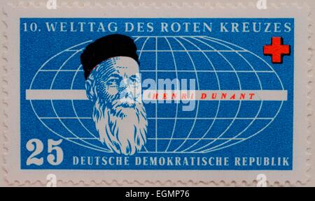 Henry Dunant, Porträt auf einer Briefmarke zum 10. Welttag des Roten Kreuzes, DDR, 1956 Stockfoto
