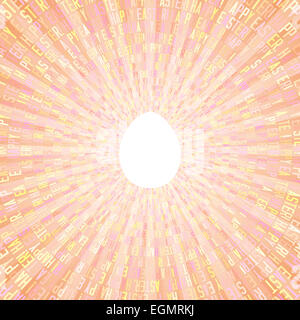 Frohe Ostern Grußkarte mit Text in Kreisen von bunten Buchstaben plus weißes Ei auf hellem Hintergrund Stockfoto