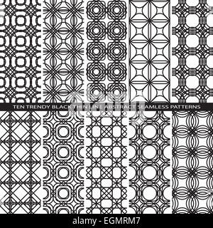 Reihe von trendigen Vintage schwarze dünne Linie Musterdesign Hintergründen mit Blumen-Elemente alle anwesenden als endlose Textur im Bedienfeld "Swatch" Stockfoto