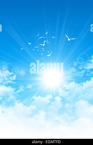 Frühling-Sonnenaufgang. Die Sonne bricht durch die weißen Wolken. Vögel Flug hoch oben in den blauen Himmel Stockfoto