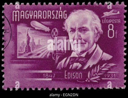 Ungarn - CIRCA 1948: Zeigt eine Briefmarke gedruckt durch Ungarn, Erfinder und Entdecker, Edison (1847-1931), ca. 1948 Stockfoto