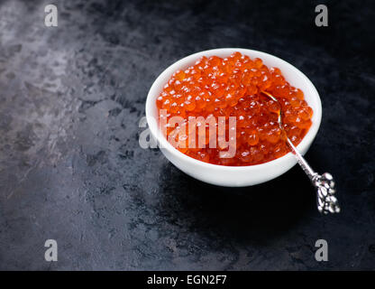 Lachs Kaviar in weiße Schüssel auf dunklem Hintergrund, selektiven Fokus Stockfoto
