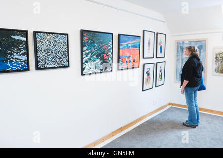 Frau auf der Suche auf einer Ausstellung in der Loft-Gallery, St Margarets Hope, South Ronaldsay, Orkney Inseln, Schottland. Stockfoto