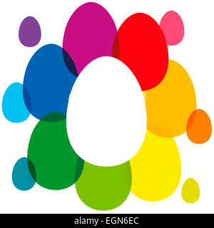 Regenbogen farbige Ostereier bilden eine bunte Wolke und Rahmen, um Ihren Text in das leere weiße Ei schreiben. Stockfoto