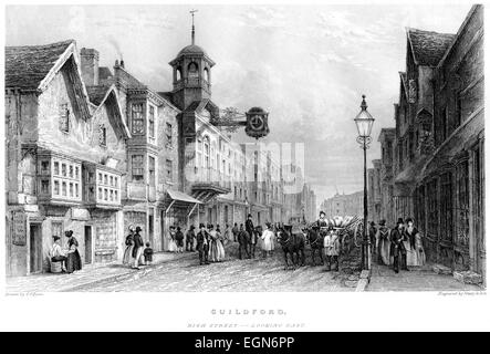 Ein Stich von Guildford, High Street - Looking East, gescannt in hoher Auflösung aus einem Buch, das 1850 gedruckt wurde. Für urheberrechtlich frei gehalten. Stockfoto