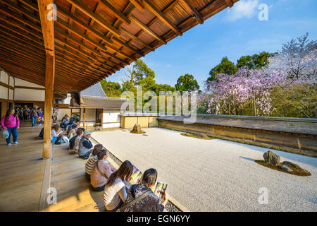 Touristen sitzen und beobachten Sie die Feder Kirsche Bäume des Ryōan-Ji-Tempel in Kyoto, Japan. Stockfoto