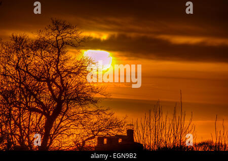 Rushlake Green, East Sussex, Großbritannien. Februar 2015. Hohe Wolken bei Sonnenuntergang über der Landschaft von Sussex Stockfoto