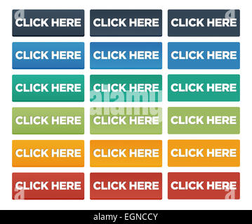 Bunte Reihe hier klicken Tasten mit mehreren Staaten zur Hover- und Klick, isoliert auf weißem Hintergrund Stockfoto