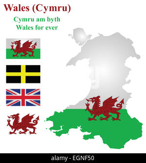Flagge und Staatswappen der Wales überlagert, detaillierte Übersichtskarte isoliert auf weißem Hintergrund Stockfoto