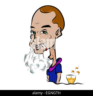 Junger Mann Rauchen, bläst Rauch aus seiner Nase, mit einem alkoholischen Getränk an seiner Seite. Stockfoto