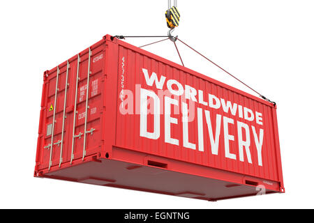 Weltweiter Versand - Red Cargo-Container hängen. Stockfoto