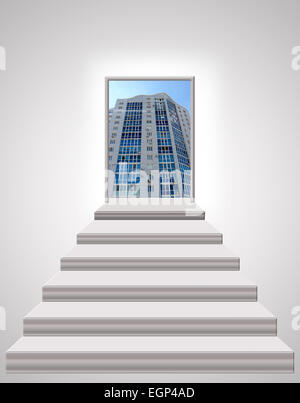 weiße Treppe bis zum schönen Wolkenkratzer Stockfoto