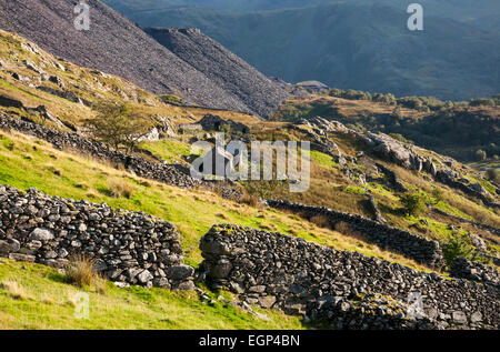 Ruinen von Häusern und geschlossenen Felder unten Dinorwig Steinbruch in der Nähe von Llanberis in Snowdonia. Stockfoto