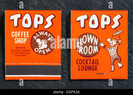Vintage American Matchbook Werbung Spitzen Kaffee Waikiki Hawaii (vorne und hinten Ansichten) Stockfoto