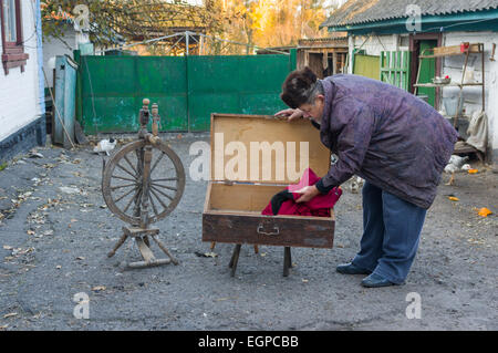 Ukrainische Land Mann untersucht einen alten hölzernen Stamm-Inhalt Stockfoto