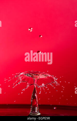 Wasser Tropfen Kollisionen mit einem roten Hintergrund Stockfoto